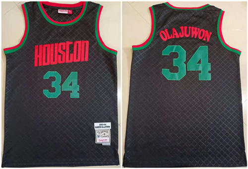 Men's Houston Rockets #34 Hakeem Olajuwon Black 1993-94 Throwback Stitched Jersey