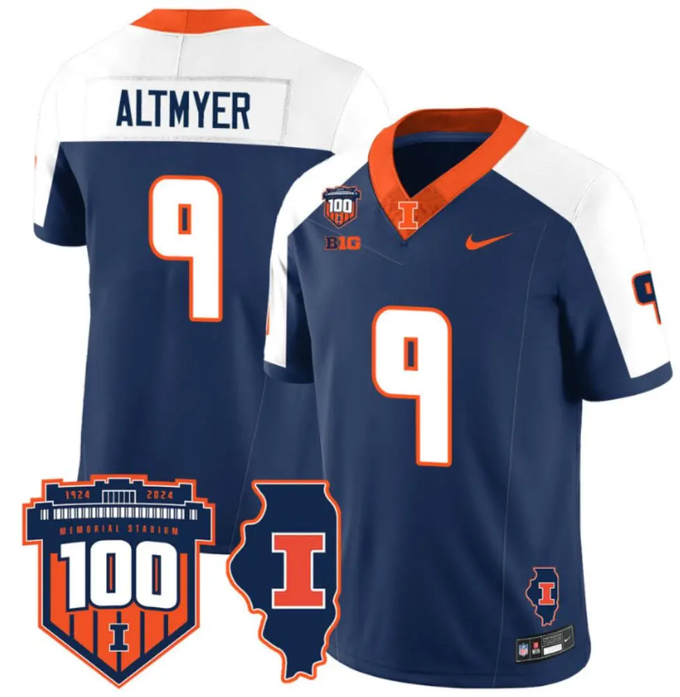 Men's Illinois Fighting Illini #9 Luke Altmyer Memorial Stadium 100TH Navy White Gratitude Football Limited Jersey 