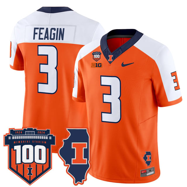 Men's Illinois Fighting Illini 100th Memorial Stadium Patch Vapor Limited Jersey orange white #3 Kaden Feagin
