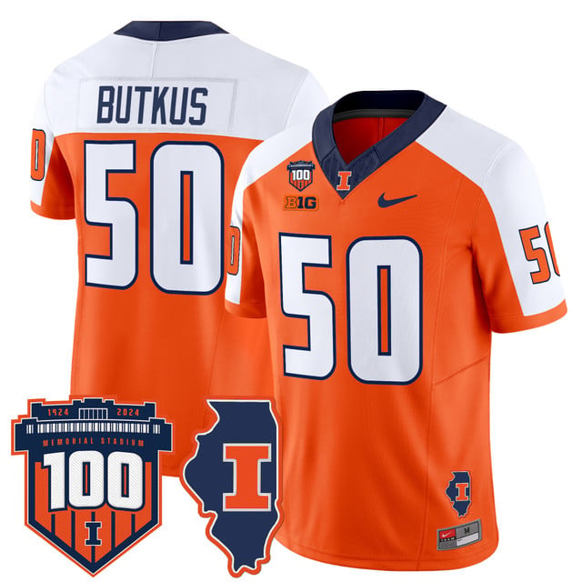 Men's Illinois Fighting Illini 100th Memorial Stadium Patch Vapor Limited Jersey orange white #50 Dick Butkus