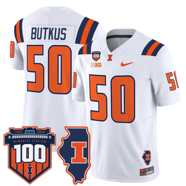 Men's Illinois Fighting Illini 100th Memorial Stadium Patch Vapor Limited Jersey white #50 Dick Butkus