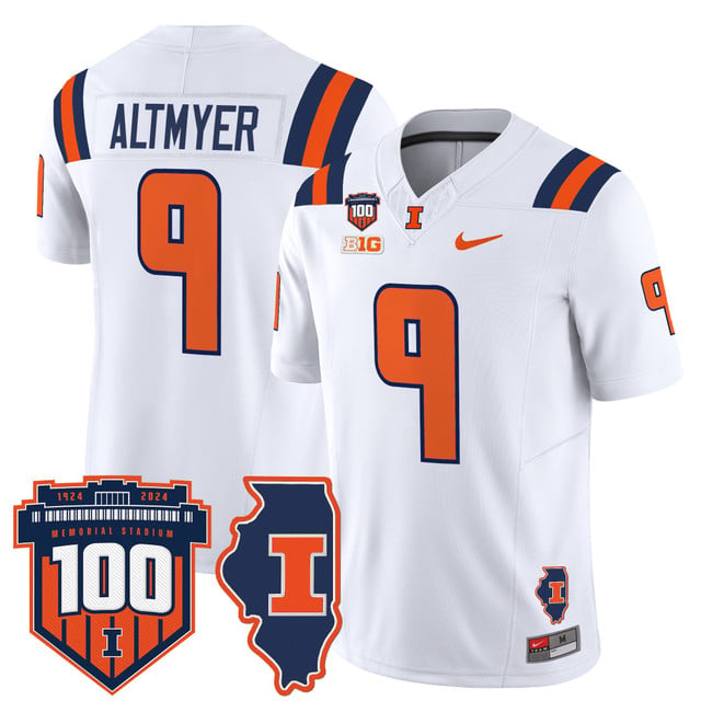 Men's Illinois Fighting Illini 100th Memorial Stadium Patch Vapor Limited Jersey white #9 Luke Altmyer