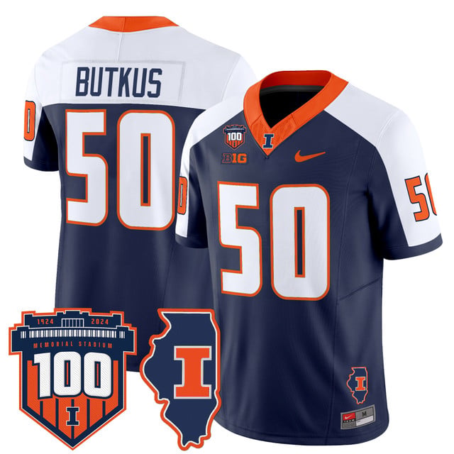 Men's Illinois Fighting Illini 100th Memorial Stadium Patch Vapor Limited Jersey white navy #50 Dick Butkus