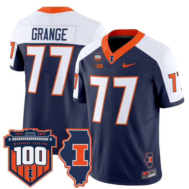 Men's Illinois Fighting Illini 100th Memorial Stadium Patch Vapor Limited Jersey white navy #77 Red Grange