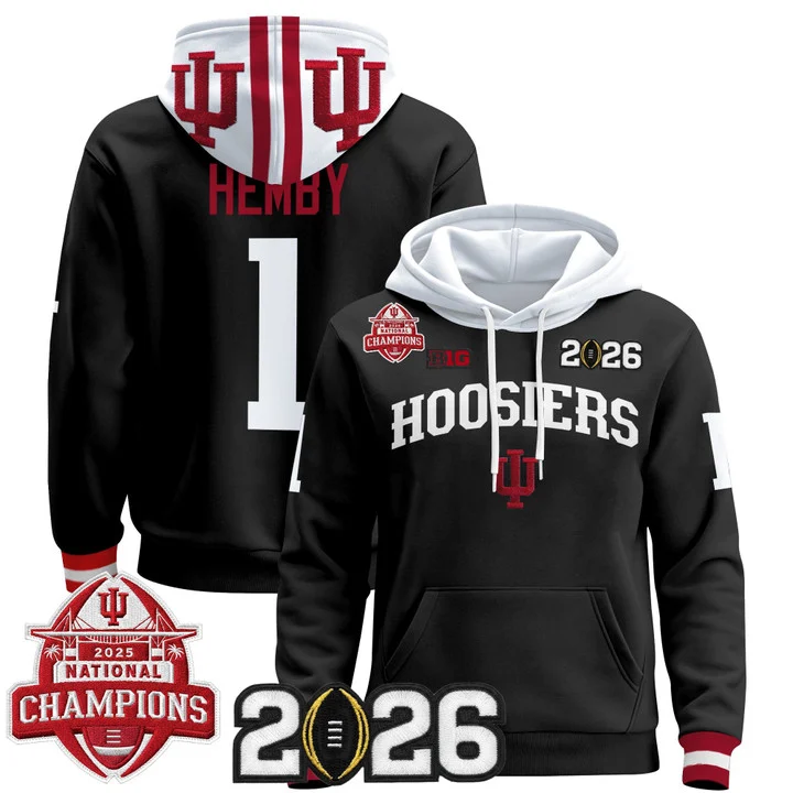 Men's Indiana Hoosiers 2025 National Champions & 2026 CFP Final Patch Hoodie V2 BLACK#1 ROMAN HEMBY