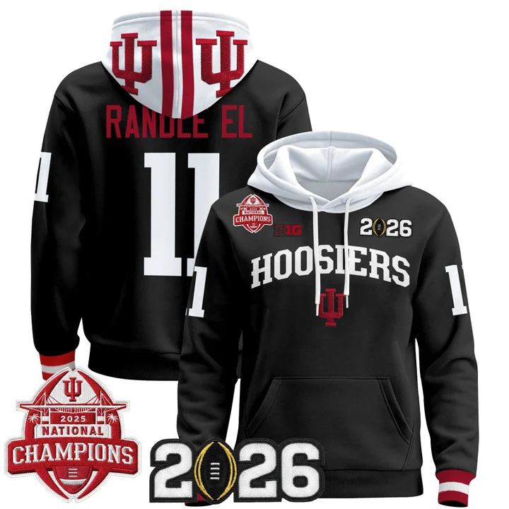 Men's Indiana Hoosiers 2025 National Champions & 2026 CFP Final Patch Hoodie V2 BLACK#11 RANDLE  EL