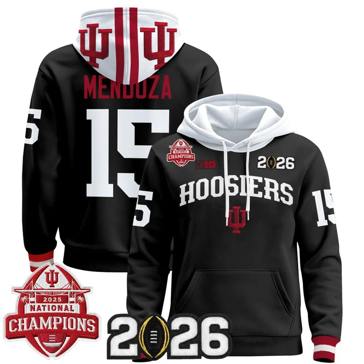 Men's Indiana Hoosiers 2025 National Champions & 2026 CFP Final Patch Hoodie V2 BLACK#15 FERNANDO MENDOZA