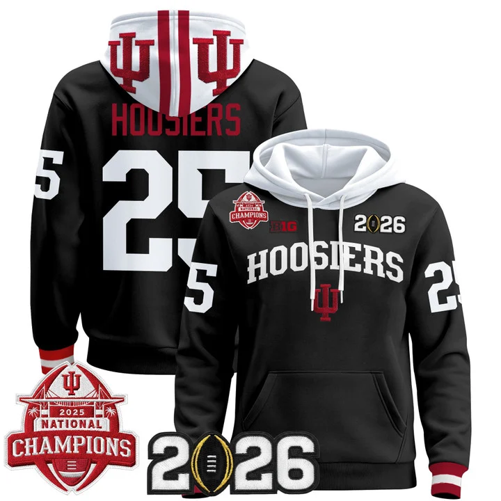 Men's Indiana Hoosiers 2025 National Champions & 2026 CFP Final Patch Hoodie V2 BLACK#25 HOOSIERS