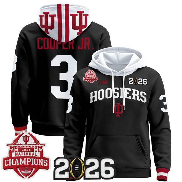 Men's Indiana Hoosiers 2025 National Champions & 2026 CFP Final Patch Hoodie V2 BLACK#3 OMAR COOPER JR.