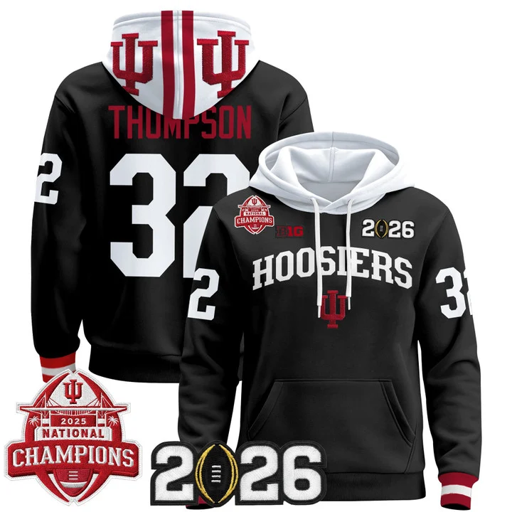 Men's Indiana Hoosiers 2025 National Champions & 2026 CFP Final Patch Hoodie V2 BLACK#32 ANTHONY THOMPSON