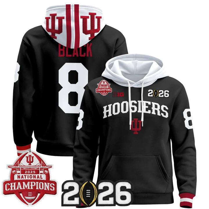 Men's Indiana Hoosiers 2025 National Champions & 2026 CFP Final Patch Hoodie V2 BLACK#8 KAELON BLACK