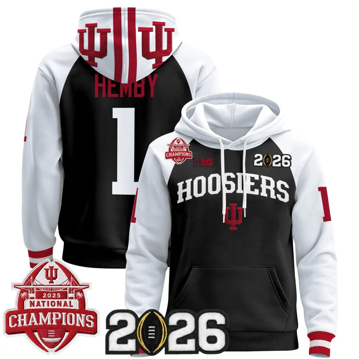 Men's Indiana Hoosiers 2025 National Champions & 2026 CFP Final Patch Hoodie V2 BLACK ALTERNATE#1 ROMAN HEMBY