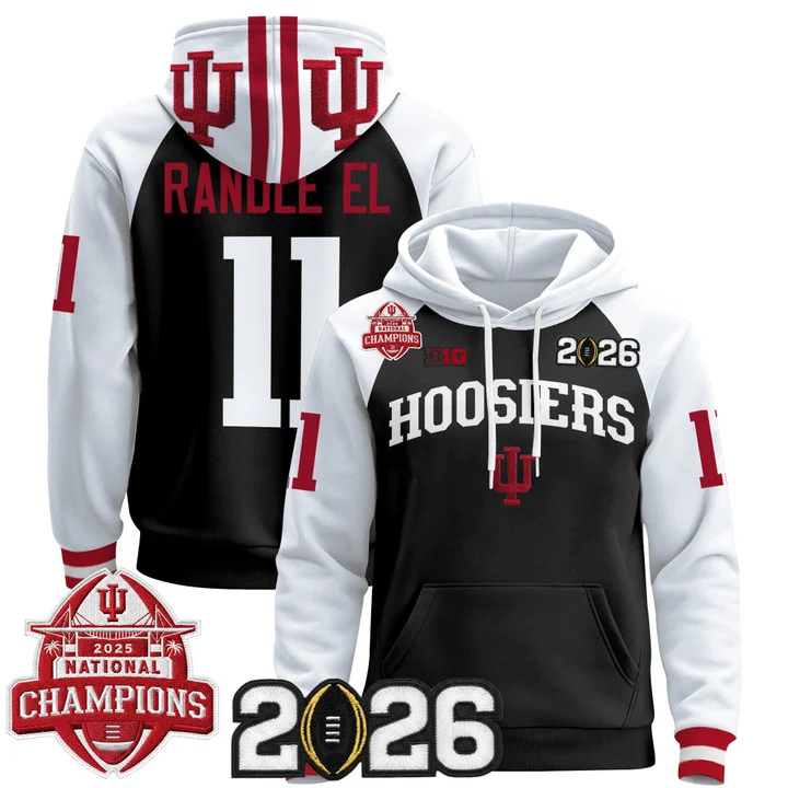 Men's Indiana Hoosiers 2025 National Champions & 2026 CFP Final Patch Hoodie V2 BLACK ALTERNATE#11 RANDLE EL