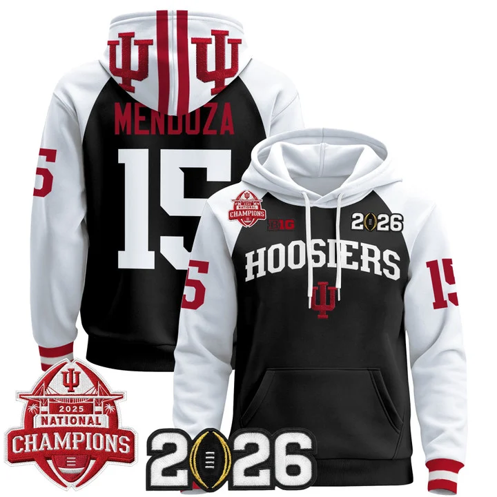 Men's Indiana Hoosiers 2025 National Champions & 2026 CFP Final Patch Hoodie V2 BLACK ALTERNATE#15 FERNANDO MENDOZA