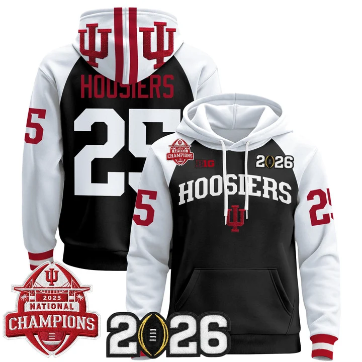 Men's Indiana Hoosiers 2025 National Champions & 2026 CFP Final Patch Hoodie V2 BLACK ALTERNATE#25 HOOSIERS