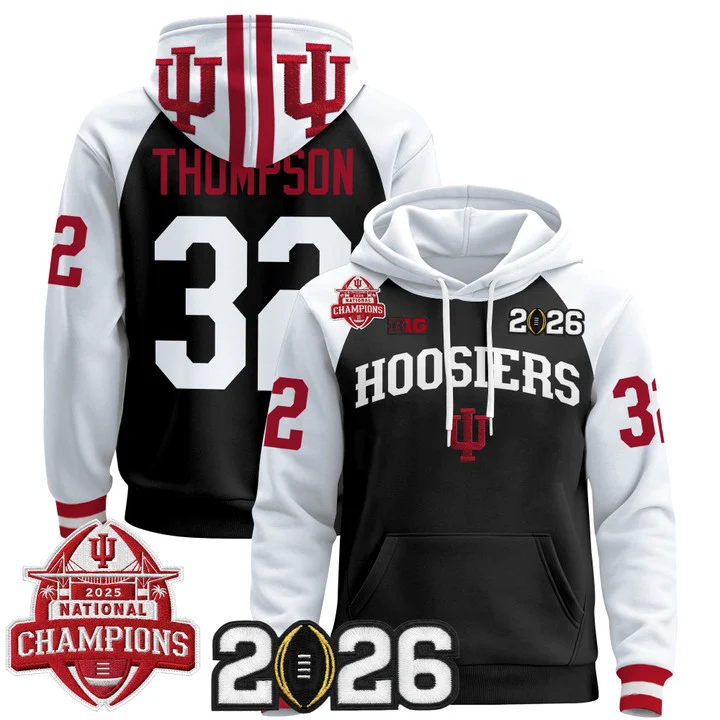 Men's Indiana Hoosiers 2025 National Champions & 2026 CFP Final Patch Hoodie V2 BLACK ALTERNATE#32 ANTHONY THOMPSON