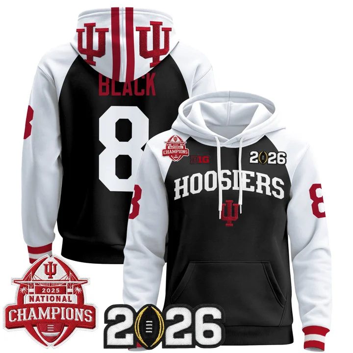 Men's Indiana Hoosiers 2025 National Champions & 2026 CFP Final Patch Hoodie V2 BLACK ALTERNATE#8 KAELON BLACK