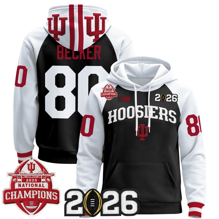 Men's Indiana Hoosiers 2025 National Champions & 2026 CFP Final Patch Hoodie V2 BLACK ALTERNATE#80 CHARLIE BECKER