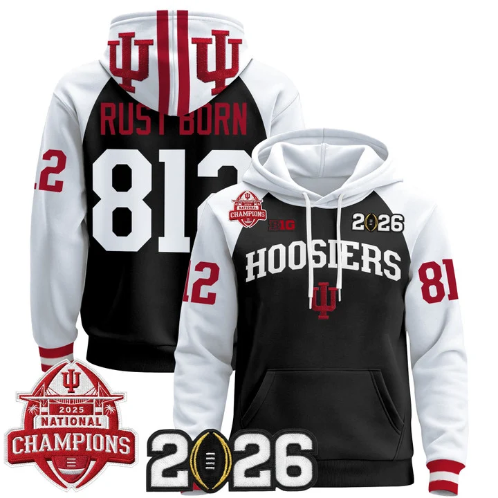 Men's Indiana Hoosiers 2025 National Champions & 2026 CFP Final Patch Hoodie V2 BLACK ALTERNATE#812 RUST BORN