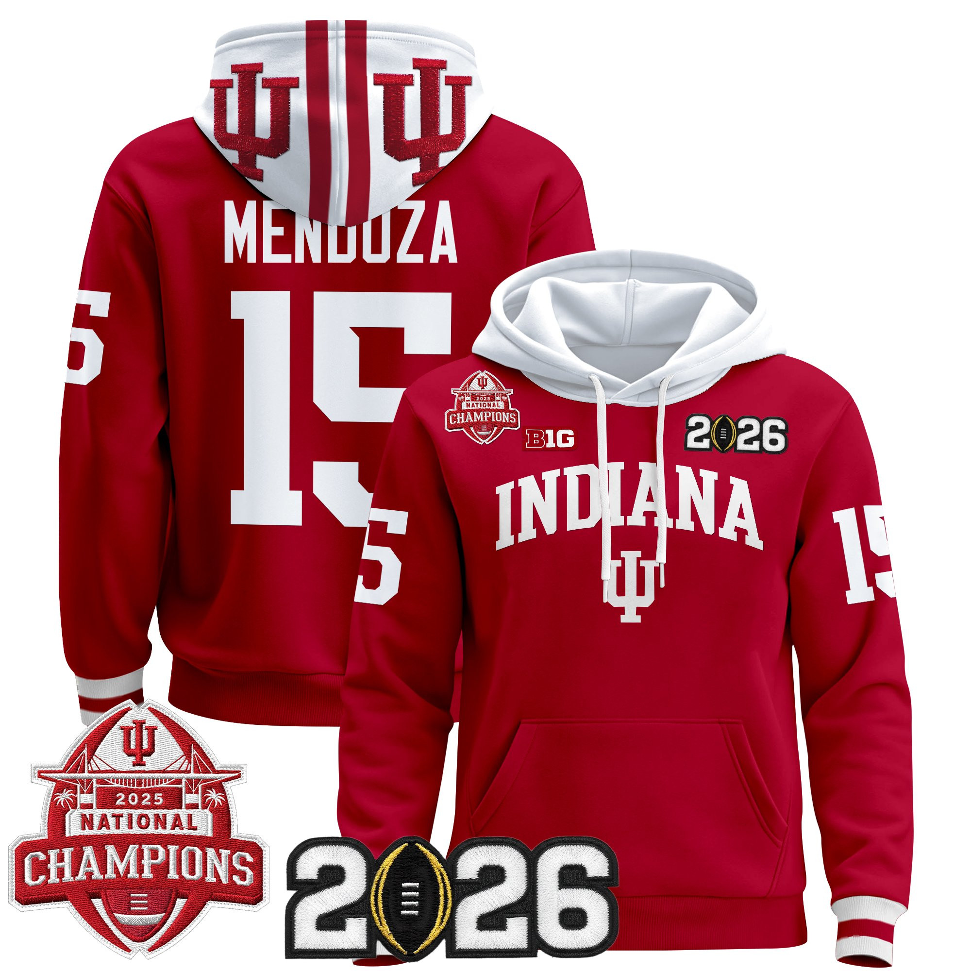 Men's Indiana Hoosiers 2025 National Champions & 2026 CFP Final Patch Hoodie V2 CRIMSON#15FERANDO MENDOZA