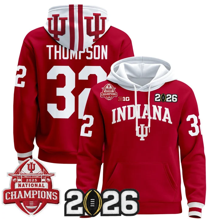 Men's Indiana Hoosiers 2025 National Champions & 2026 CFP Final Patch Hoodie V2 CRIMSON#32 ANTHONY THOMPSON