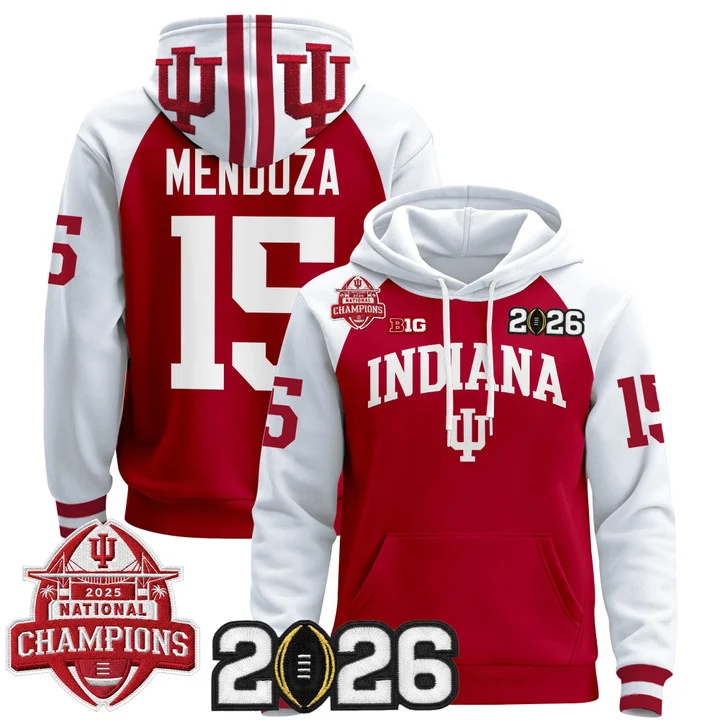 Men's Indiana Hoosiers 2025 National Champions & 2026 CFP Final Patch Hoodie V2 CRIMSON ALTERNATE#15 FERNANDO MENDOZA