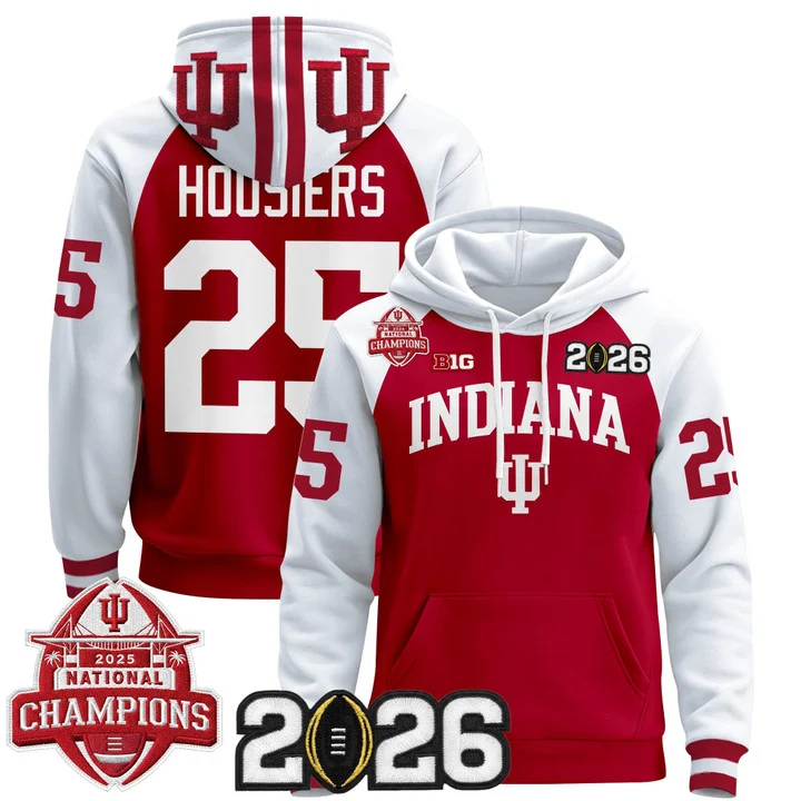 Men's Indiana Hoosiers 2025 National Champions & 2026 CFP Final Patch Hoodie V2 CRIMSON ALTERNATE#25 HOOSIERS