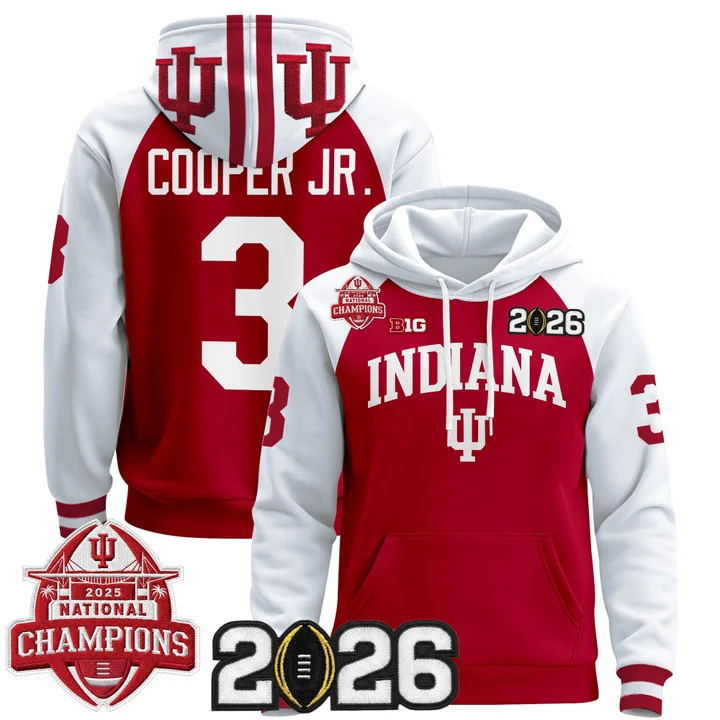 Men's Indiana Hoosiers 2025 National Champions & 2026 CFP Final Patch Hoodie V2 CRIMSON ALTERNATE#3 OMAR COOPER JR.