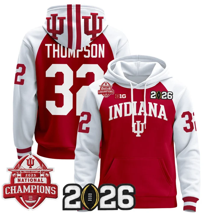 Men's Indiana Hoosiers 2025 National Champions & 2026 CFP Final Patch Hoodie V2 CRIMSON ALTERNATE#32 ANTHONY THOMPSON