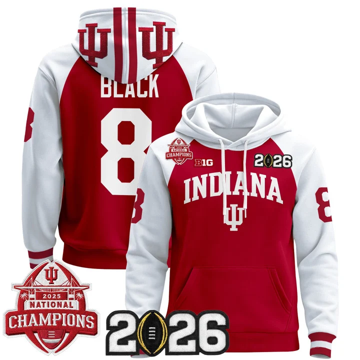 Men's Indiana Hoosiers 2025 National Champions & 2026 CFP Final Patch Hoodie V2 CRIMSON ALTERNATE#8 KAELON  BLACK