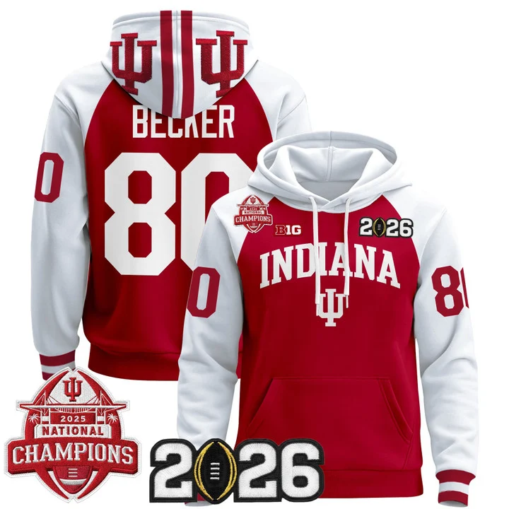 Men's Indiana Hoosiers 2025 National Champions & 2026 CFP Final Patch Hoodie V2 CRIMSON ALTERNATE#80 CHARLIE BECKER