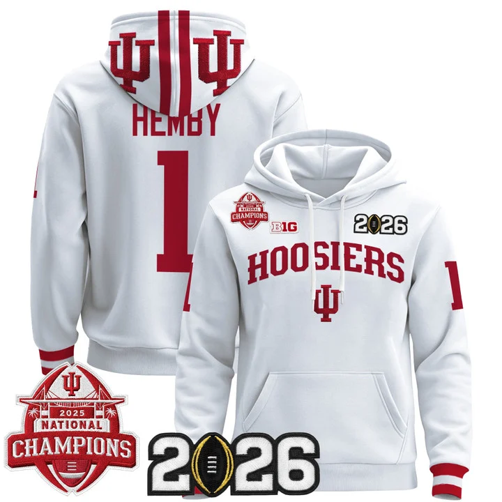 Men's Indiana Hoosiers 2025 National Champions & 2026 CFP Final Patch Hoodie V2 WHITE#1 ROMAN HEMBY
