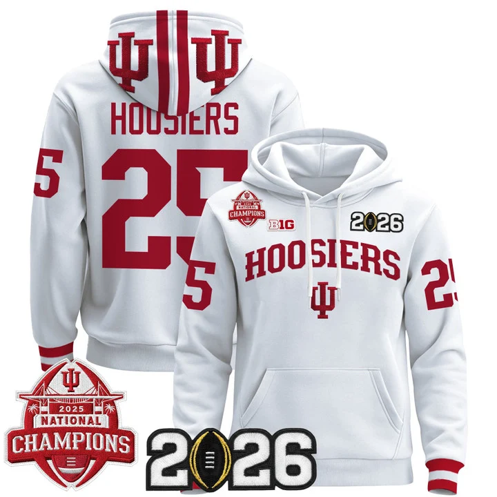 Men's Indiana Hoosiers 2025 National Champions & 2026 CFP Final Patch Hoodie V2 WHITE#25 HOOSIERS