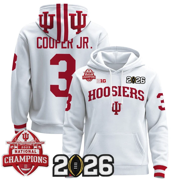 Men's Indiana Hoosiers 2025 National Champions & 2026 CFP Final Patch Hoodie V2 WHITE#3 OMAR COOPER JR.