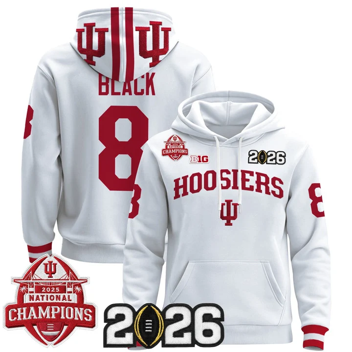 Men's Indiana Hoosiers 2025 National Champions & 2026 CFP Final Patch Hoodie V2 WHITE#8 KAELON BLACK