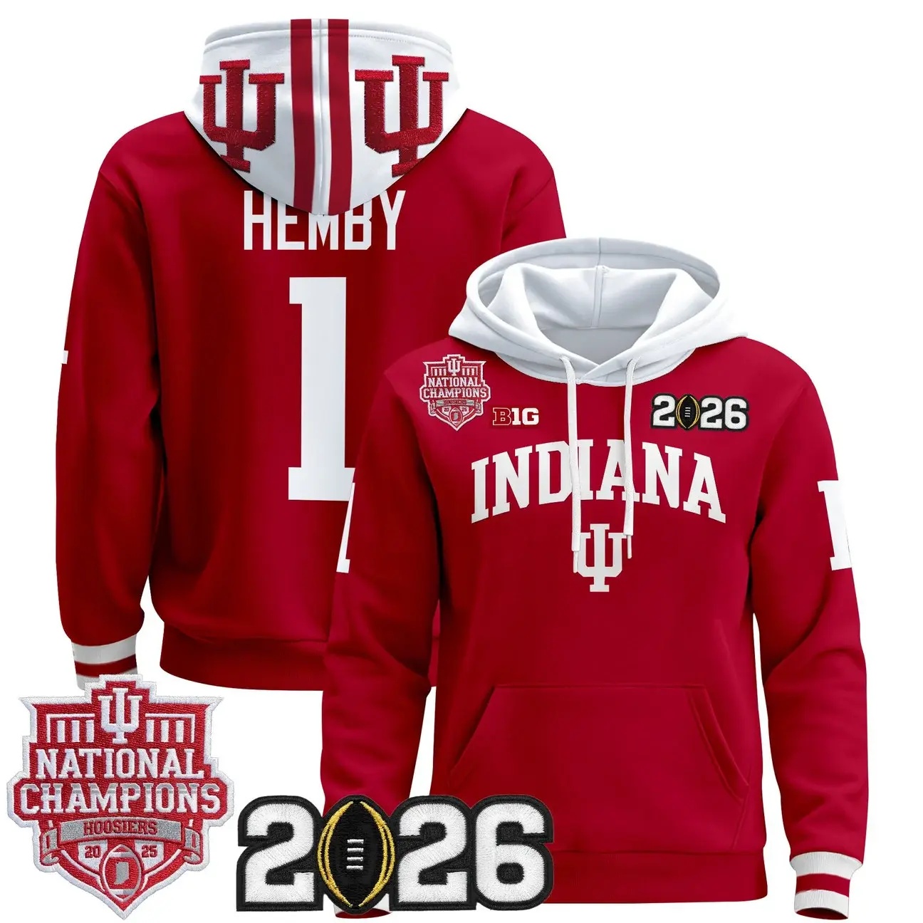Men's Indiana Hoosiers 2025 National Champions & 2026 CFP Final Patch Premium Pullover Hoodie #1 Roman Hemby