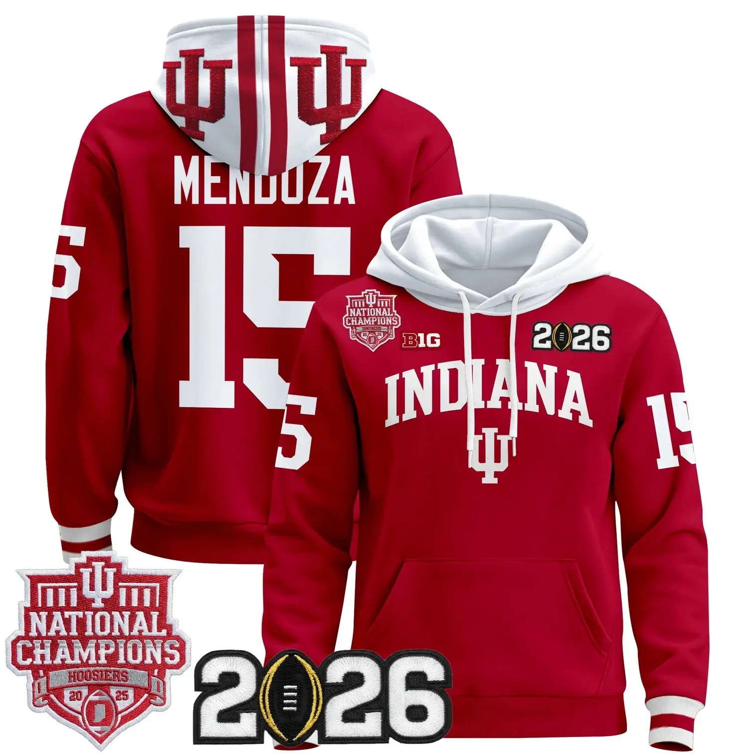 Men's Indiana Hoosiers 2025 National Champions & 2026 CFP Final Patch Premium Pullover Hoodie #15 fernando mendoza