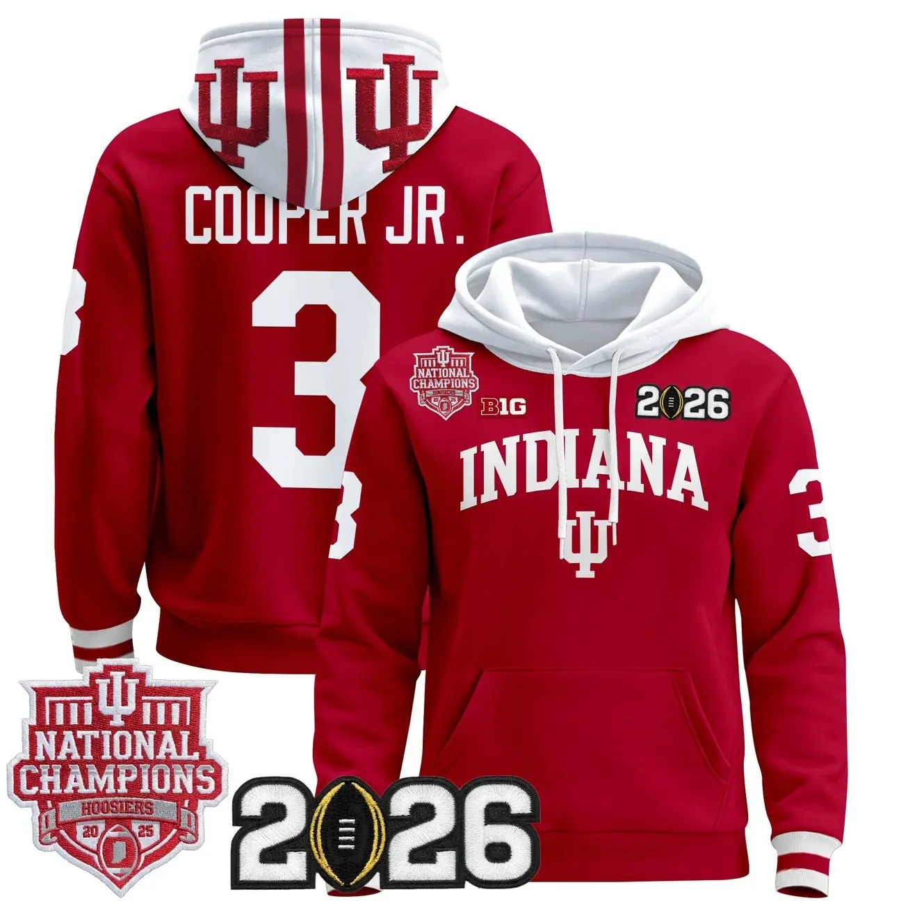 Men's Indiana Hoosiers 2025 National Champions & 2026 CFP Final Patch Premium Pullover Hoodie #3 Omar Cooper JR.