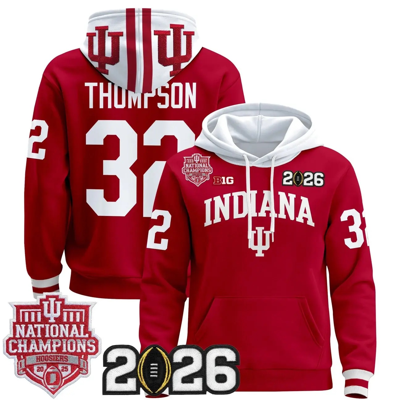 Men's Indiana Hoosiers 2025 National Champions & 2026 CFP Final Patch Premium Pullover Hoodie #32 Anthony Thompson