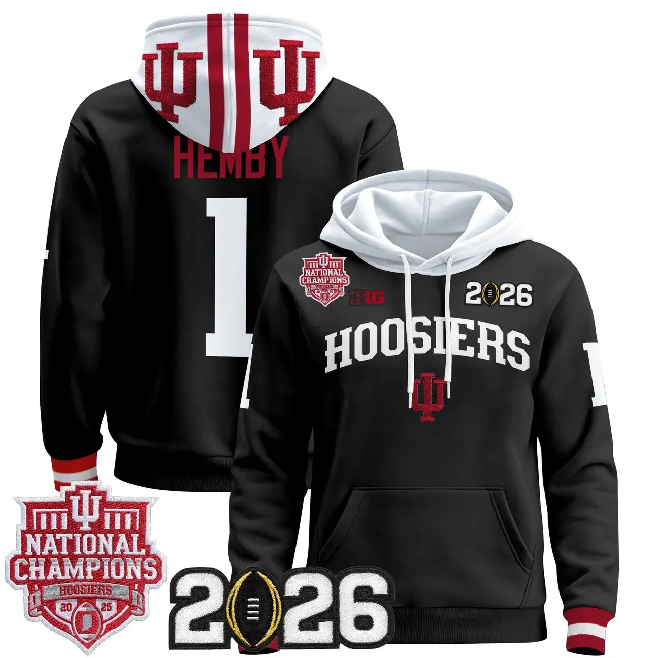 Men's Indiana Hoosiers 2025 National Champions & 2026 CFP Final Patch Premium Pullover Hoodie BLACK #1 ROMAN HEMBY