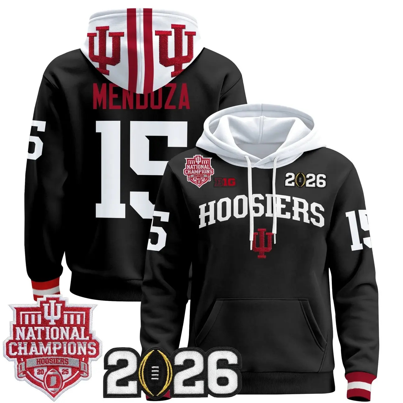 Men's Indiana Hoosiers 2025 National Champions & 2026 CFP Final Patch Premium Pullover Hoodie BLACK #15 FERNANDO MENDOZA