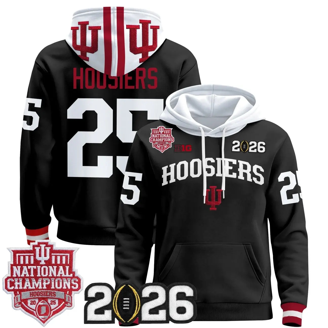 Men's Indiana Hoosiers 2025 National Champions & 2026 CFP Final Patch Premium Pullover Hoodie BLACK #25 HOOSIERS