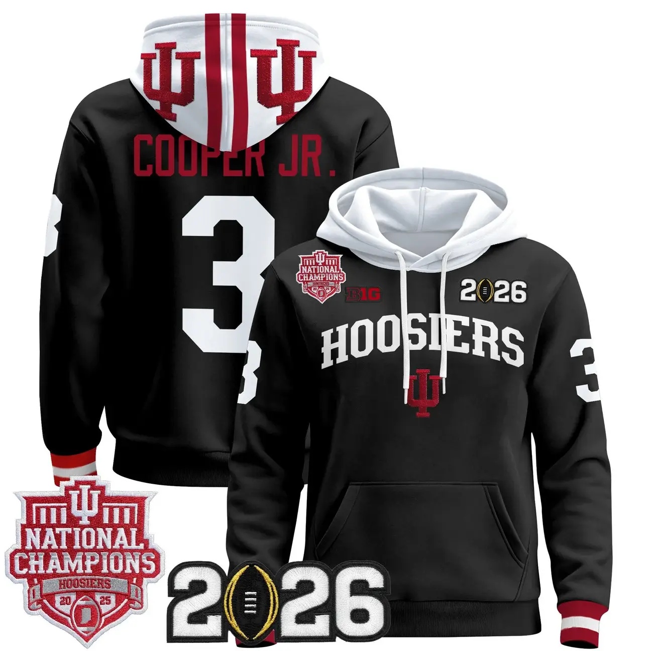 Men's Indiana Hoosiers 2025 National Champions & 2026 CFP Final Patch Premium Pullover Hoodie BLACK #3 OMAR COOPER JR.