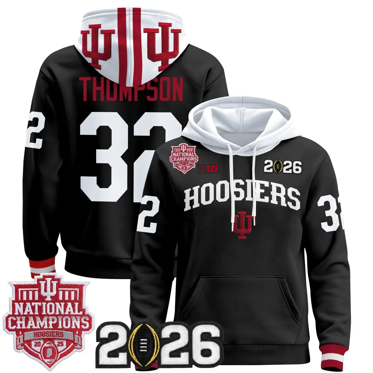 Men's Indiana Hoosiers 2025 National Champions & 2026 CFP Final Patch Premium Pullover Hoodie BLACK #32 ANTHONY THOMPSON