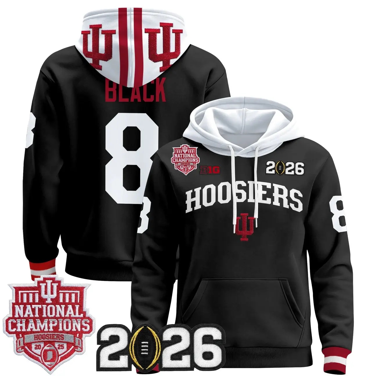 Men's Indiana Hoosiers 2025 National Champions & 2026 CFP Final Patch Premium Pullover Hoodie BLACK #8 KAELON BLACK