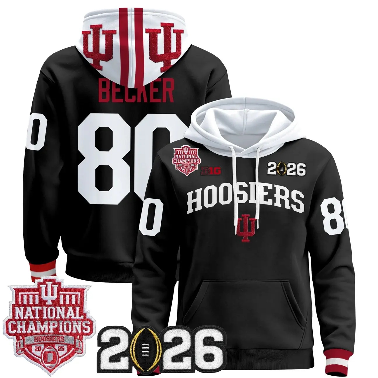 Men's Indiana Hoosiers 2025 National Champions & 2026 CFP Final Patch Premium Pullover Hoodie BLACK #80 CHARLIE BECKER