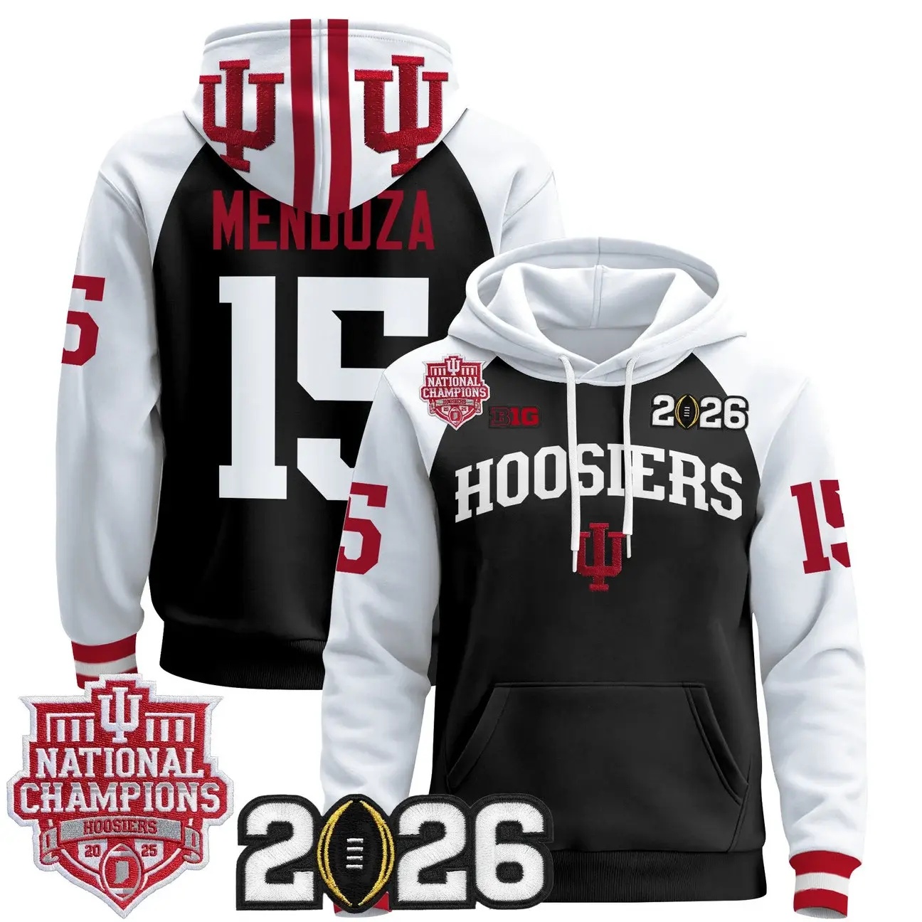 Men's Indiana Hoosiers 2025 National Champions & 2026 CFP Final Patch Premium Pullover Hoodie BLACK&WHITE #15 FERNANDO MENDOZA
