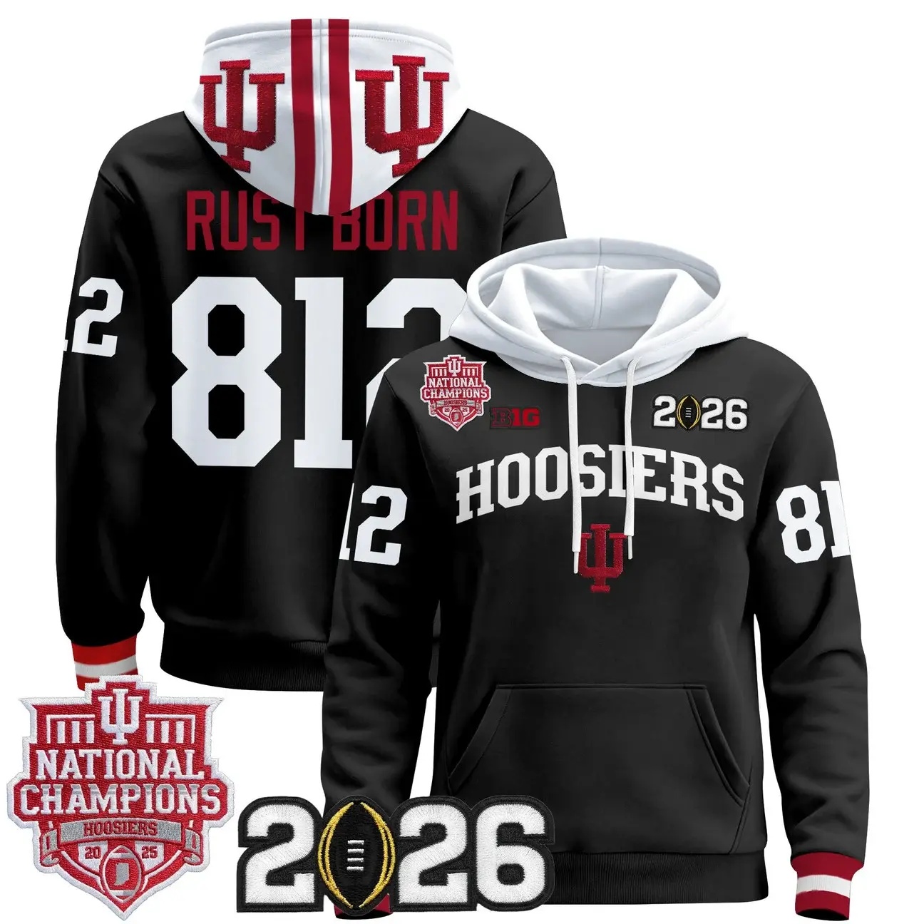 Men's Indiana Hoosiers 2025 National Champions & 2026 CFP Final Patch Premium Pullover Hoodie BLACK RUST BORN