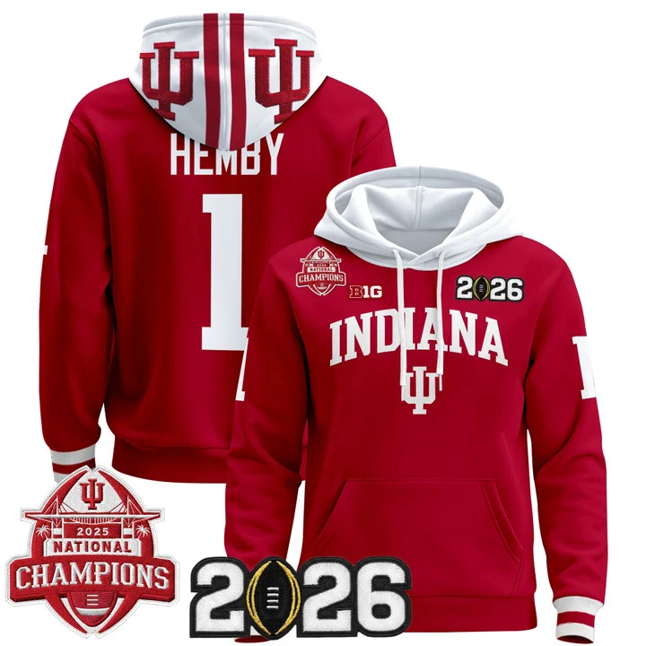 Men's Indiana Hoosiers 2025 National Champions & 2026 CFP Final Patch Premium Pullover Hoodie V2 CRIMSON#1 ROMAN HEMBBY