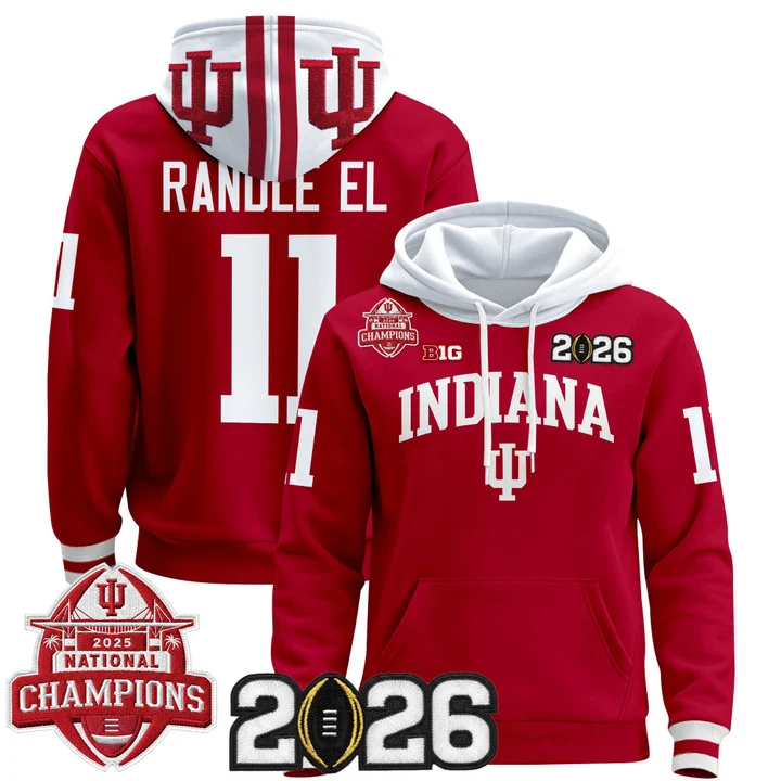 Men's Indiana Hoosiers 2025 National Champions & 2026 CFP Final Patch Premium Pullover Hoodie V2 CRIMSON#11 RANDLE EL